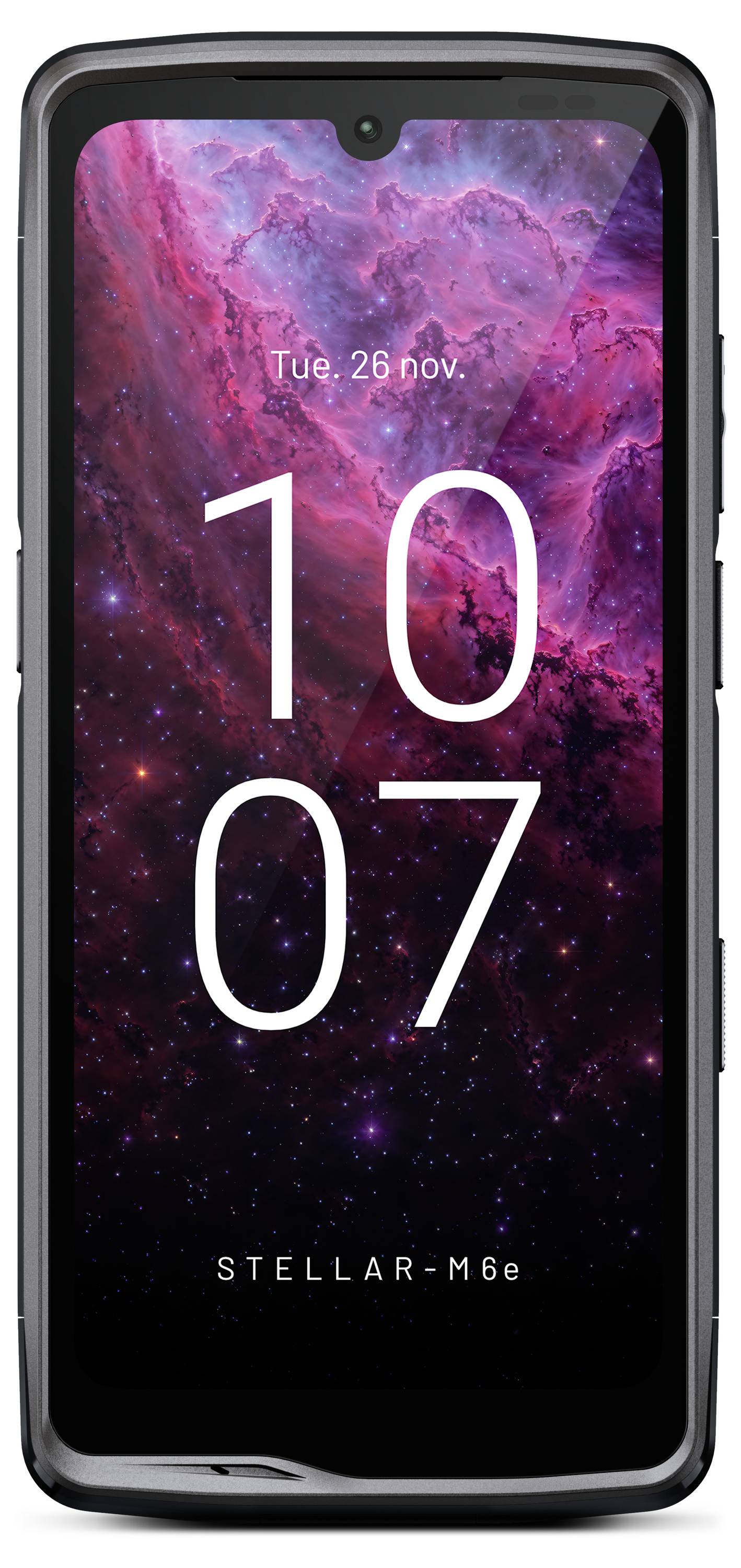 Smartphone mit einem Hintergrund von rosafarbenen, violetten und schwarzen Nebeln. Datum und Uhrzeit werden angezeigt: 'Di., 26 Nov.', '10:07'.
