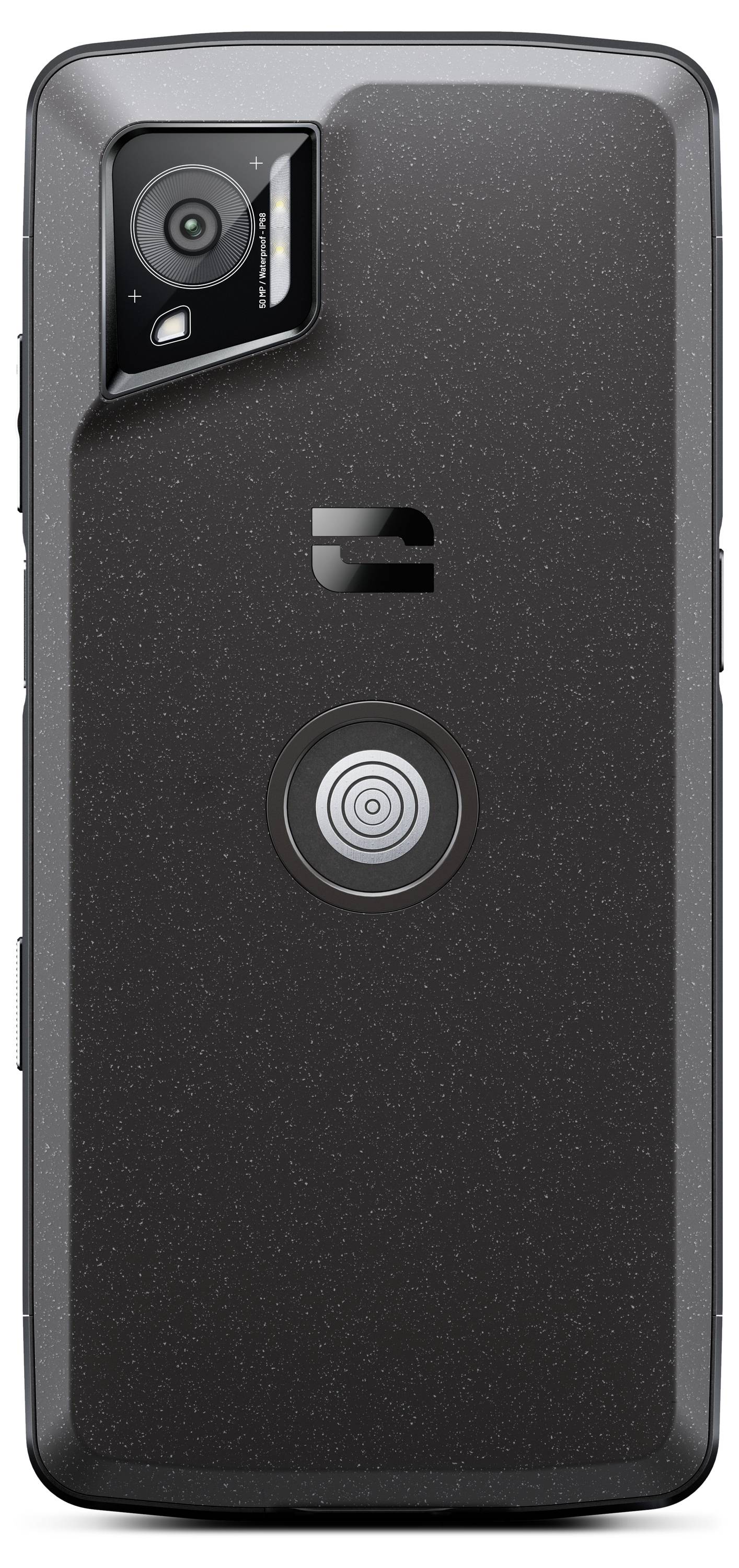 Smartphone-Rückseite mit Kamera oben links und rundem Sensor in der Mitte. Dunkles, strukturiertes Gehäuse.