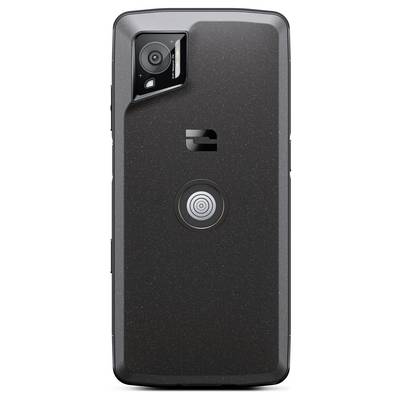 Smartphone-Rückseite mit Kamera oben links und rundem Sensor in der Mitte. Dunkles, strukturiertes Gehäuse.