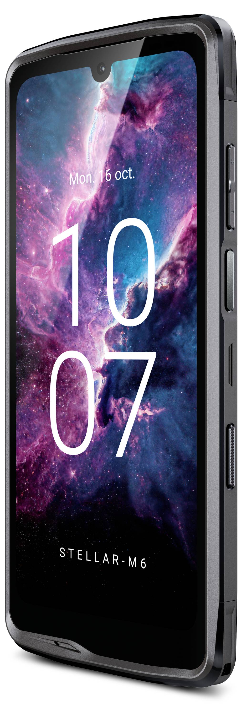 Smartphone in schräger Ansicht mit anzeigender Uhrzeit '10:07' und Datum 'Mon, 16 oct.' auf dem Bildschirm, Weltraum-Hintergrund.