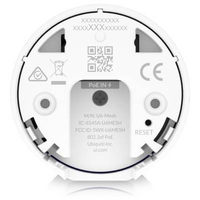 Rückseite eines runden Geräts mit Anschlüssen und Symbolen. QR-Code und Modellnummer sind sichtbar. Markenname 'Ubiquiti'.