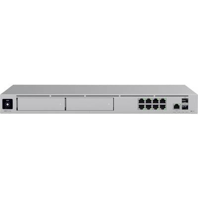 Netzwerkgerät mit zwei Festplatteneinschüben links und acht Ethernet-Ports rechts.