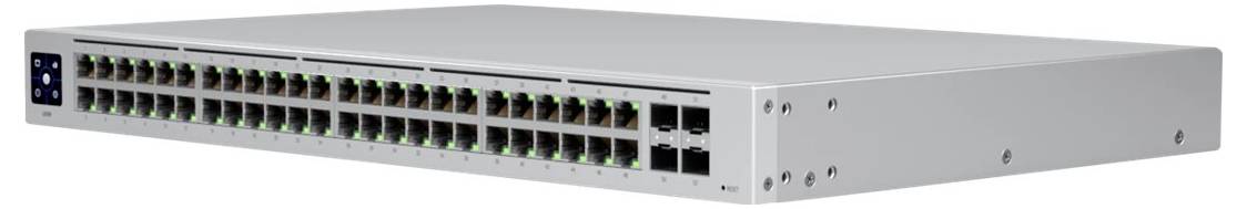 Ein silberner Netzwerk-Switch mit 48 Ethernet-Ports, geeignet für große Netzwerke in Büro- oder Rechenzentrumsumgebungen.