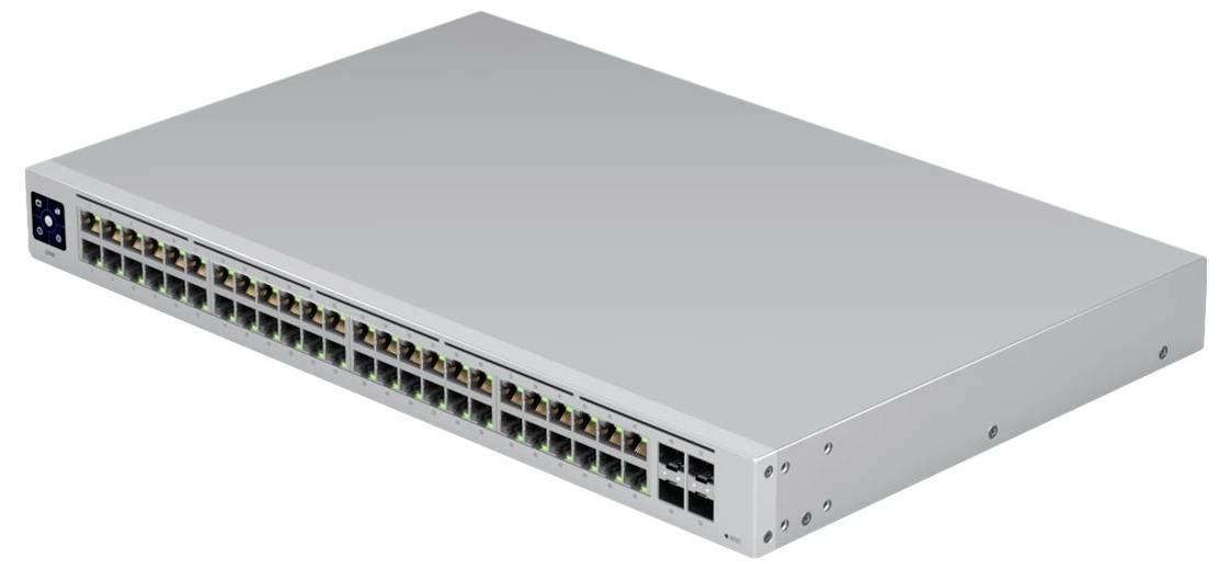 Ein grauer Netzwerk-Switch mit 48 Ethernet-Ports in einer rechteckigen Metallhülle.