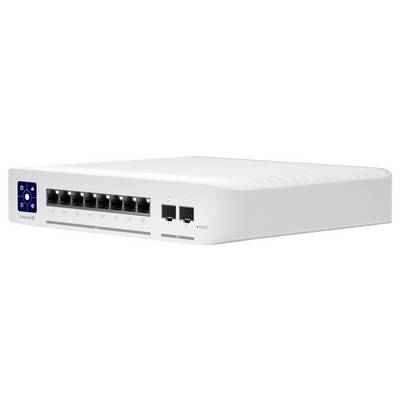 Ein weißer Netzwerk-Switch mit acht RJ-45-Ports, zwei SFP-Ports und einem Reset-Knopf. Auf der linken Seite befindet sich ein Steuerungsfeld.