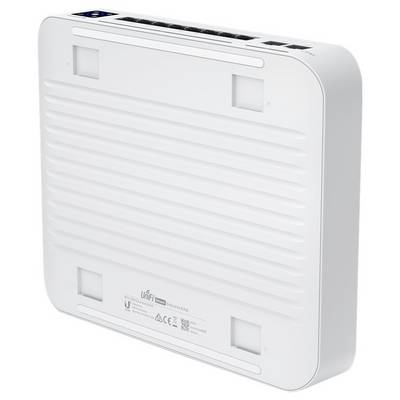 Ein weißer, rechteckiger Netzwerk-Switch mit mehreren Ethernet-Ports und Logos auf der Unterseite.