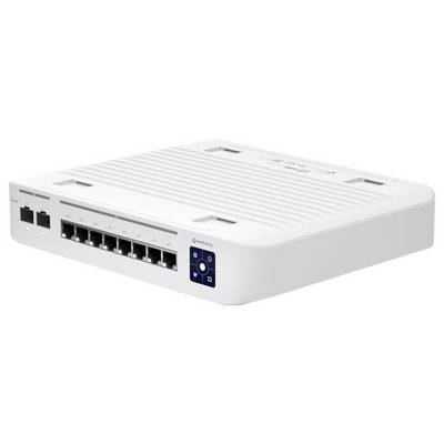Ein weißer Netzwerk-Router mit mehreren Ethernet-Ports und Tasten auf der Vorderseite.