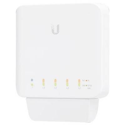 Ein weißer Netzwerk-Switch mit fünf Ethernet-Ports, LED-Anzeigen für Verbindungen und Aktivität. Das Logo eines Herstellers ist sichtbar.