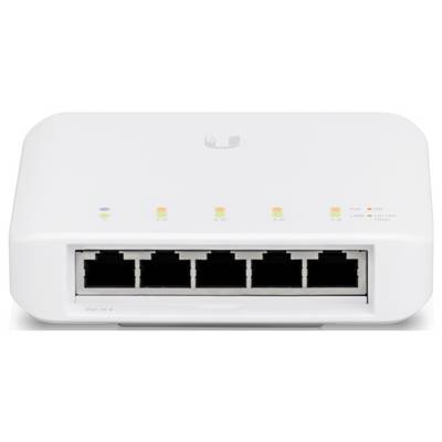 Ein weißer Netzwerk-Switch mit fünf Ethernet-Ports und LED-Anzeigen oben für Statusanzeige.