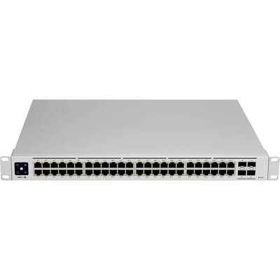 Ein Netzwerk-Switch mit 48 Ethernet-Ports, geeignet für den Einbau in ein Server-Rack, zeigt LEDs zur Statusanzeige oberhalb der Ports.