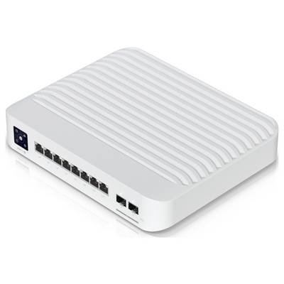 Ein weißer Netzwerkrouter mit mehreren Ethernet-Ports auf der Vorderseite und einem digitalen Bedienelement an der Seite.