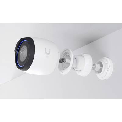 Sicherheitskamera mit blauem LED-Ring zur Wandmontage. Kamera- und Wandhalterungsdesign dargestellt.
