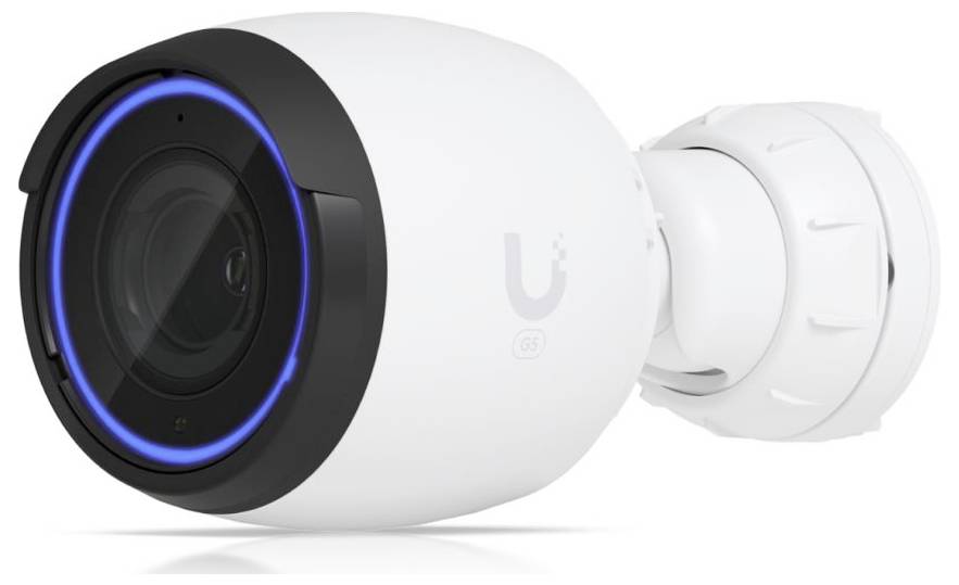 Überwachungskamera mit modernem Design und blauem LED-Ring, geeignet für die Sicherheit von Innen- und Außenbereichen.