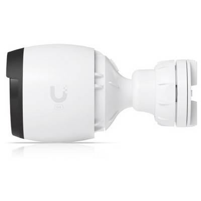 Eine weiße Überwachungskamera mit einem schwarzen vorderen Bereich und einem Ubiquiti-Logo, seitliche Ansicht.