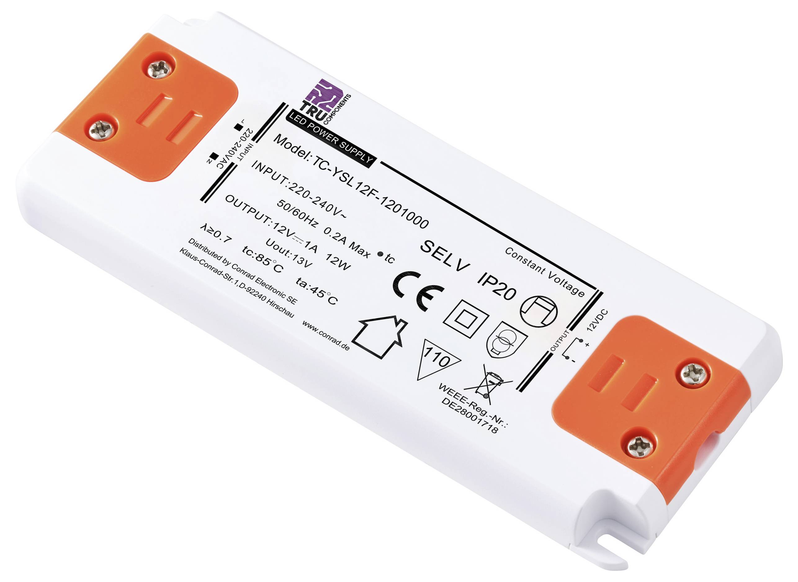 Elektronisches LED-Netzteil mit weißem Gehäuse, orangefarbenen Enden. Aufdruck zeigt technische Daten wie Eingang 220-240V, Ausgang 12V, 12W.
