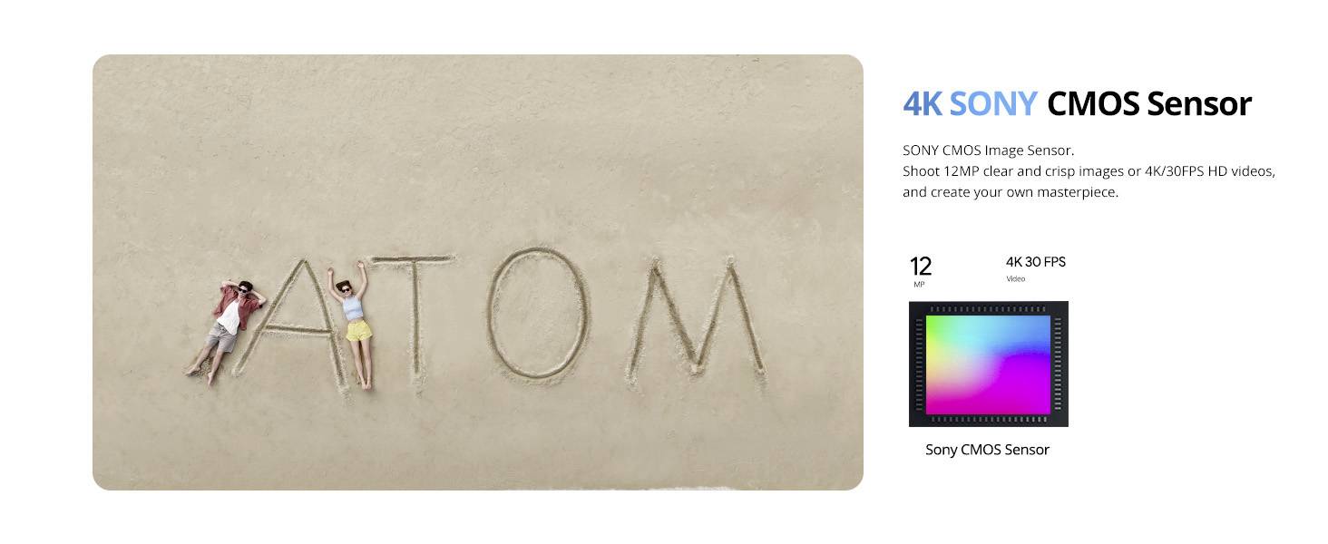 'ATOM' im Sand geschrieben mit zwei Menschen liegend bei 'A'. Text daneben bewirbt 4K Sony CMOS Sensor mit 12 MP und 30 FPS.