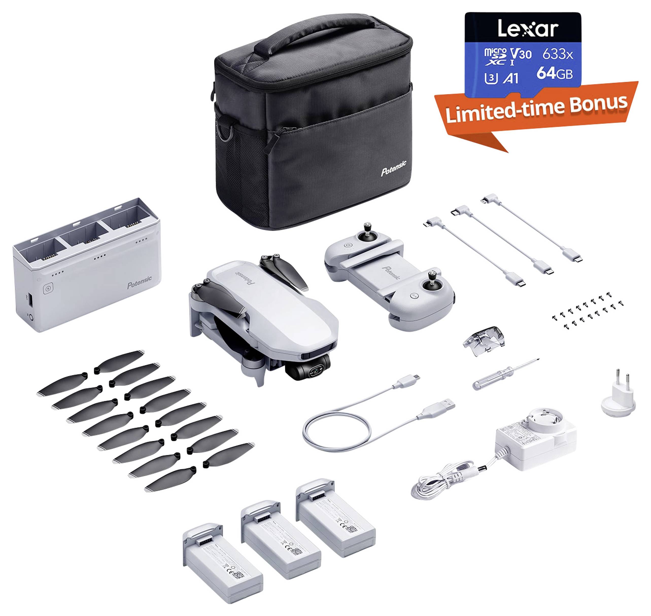 Drohnen-Set mit Drohne, Fernbedienung, Ersatzpropellern, Ladegerät, Akkus, Kabeln und Tragetasche. Zusätzliche 64GB Speicherkarte.