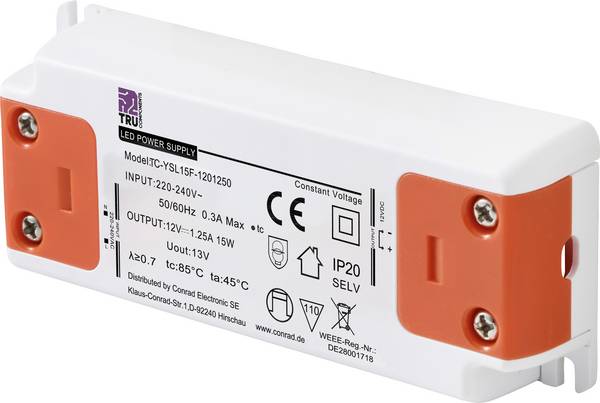 TRU COMPONENTS TC-YSL15F-1201250 LED-Trafo Konstantspannung 15 W 1.25 A 12 V/DC Möbelzulassung, Überspannung, Montage auf entflammbaren Oberflächen 1 St.