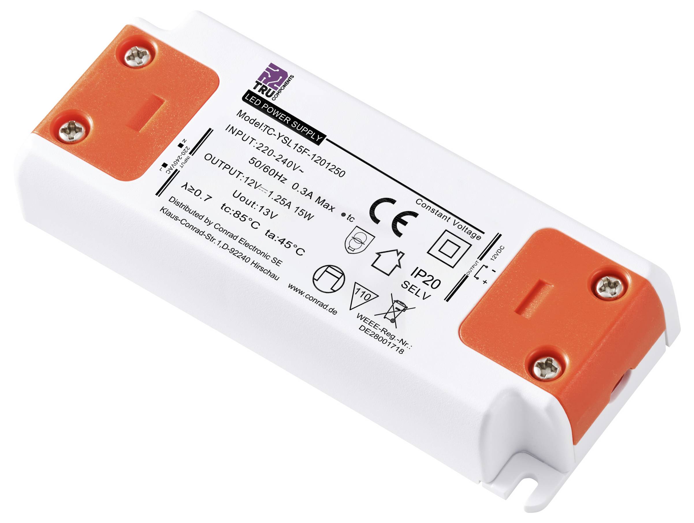 Gehäuse eines elektrischen Treibers mit Beschriftungen zu Leistungsdaten und Sicherheitssymbolen. Weiß mit orangefarbenen Endkappen.