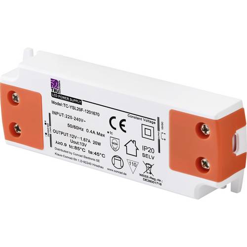 TRU COMPONENTS TC-YSL20F-1201670 LED-Trafo Konstantspannung 20 W 1.67 A 12 V/DC Möbelzulassung, Überspannung, Montage au...