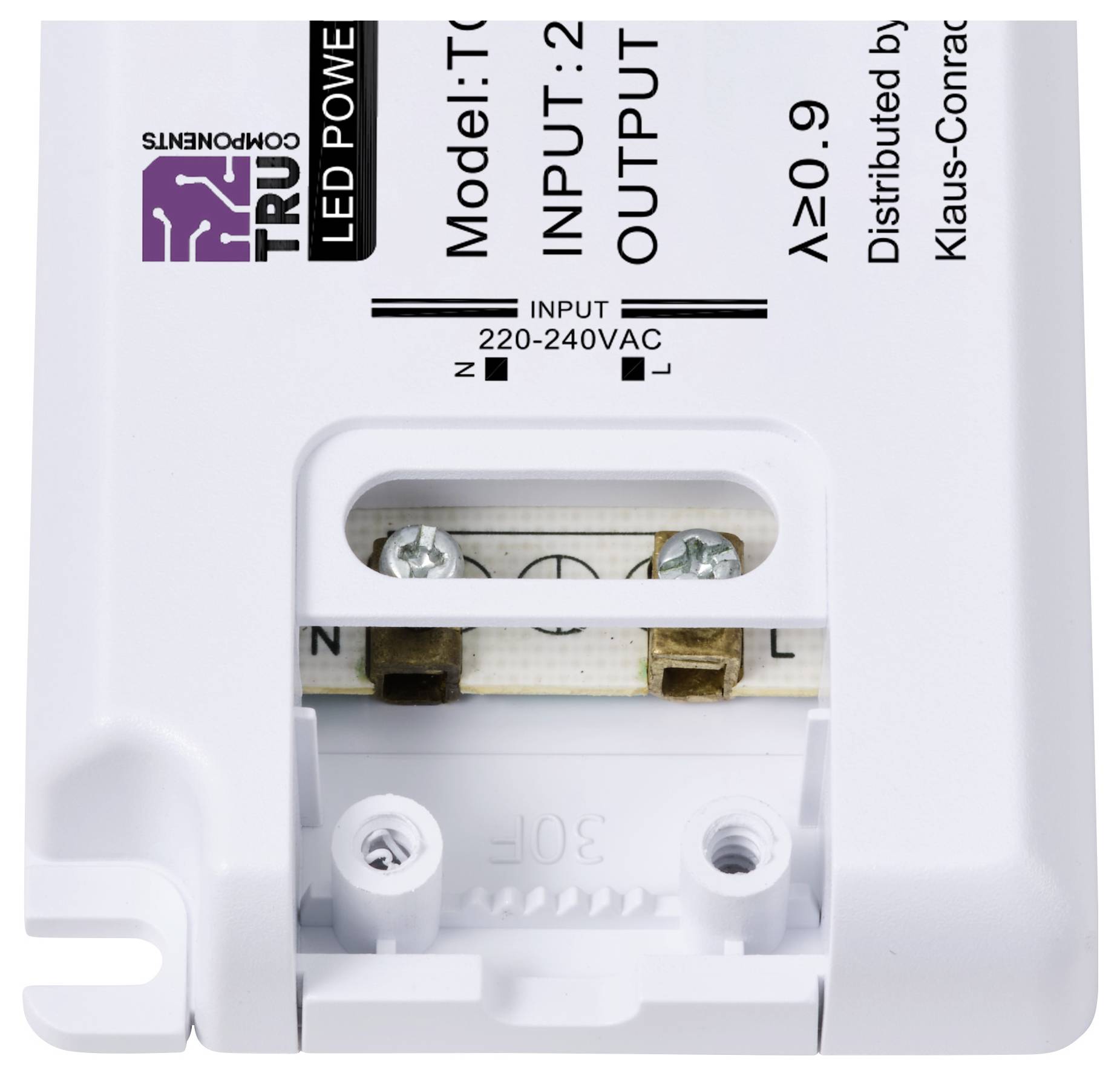 LED-Treiber, Modell: TCI-DPO12, Eingangsleistung: 220-240VAC, Ausgang: 20-42V. Distributionshinweis auf Klaus-Conrad GmbH.