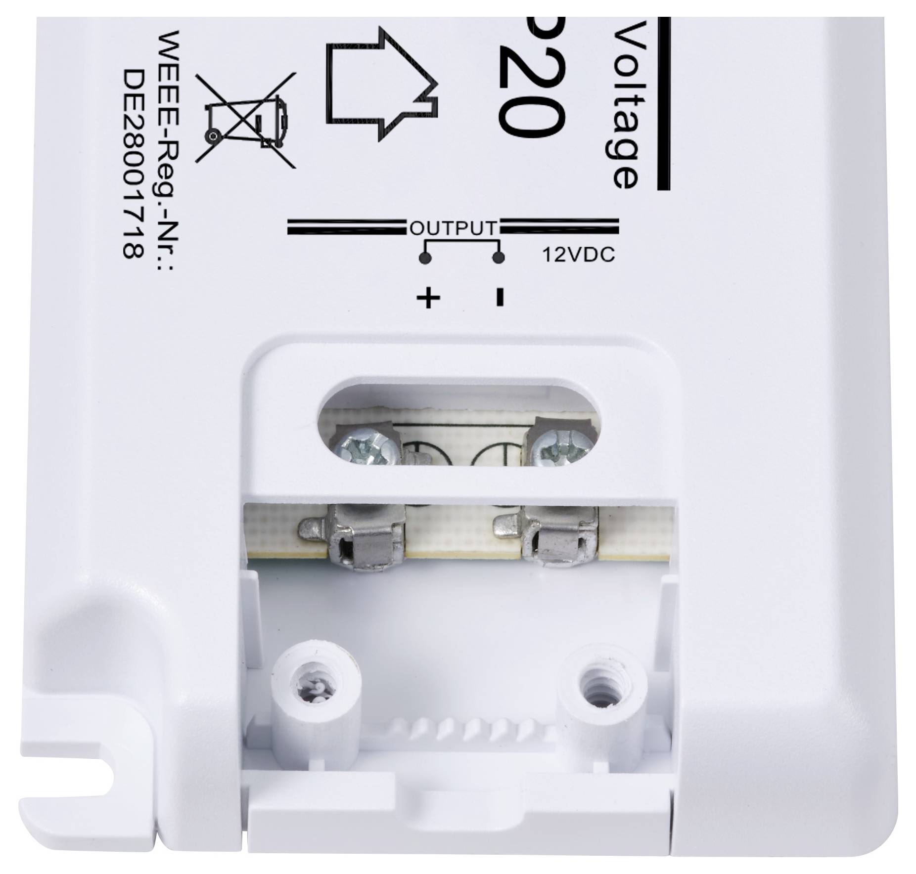 Weißes elektronisches Gerät mit Anschlussklemmen. Markierungen für Spannung und Polarität: '12VDC', '+' und '-'. Modellspezifikationen sichtbar.