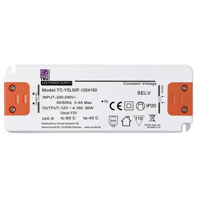 LED-Stromversorgungseinheit mit Modellnummer TC-YSL50F-1204160. Eingang: 220-240V, Ausgang: 12V. Schutzgrad: IP20.