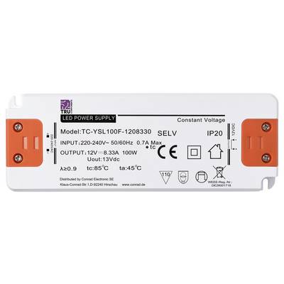 Ein LED-Netzteil mit der Modellnummer 'TC-YSL100F-1208330'. Eingang: 220-240V, 0,7A, Ausgang: 12V, 8,33A, 100W. Schutzart IP20.
