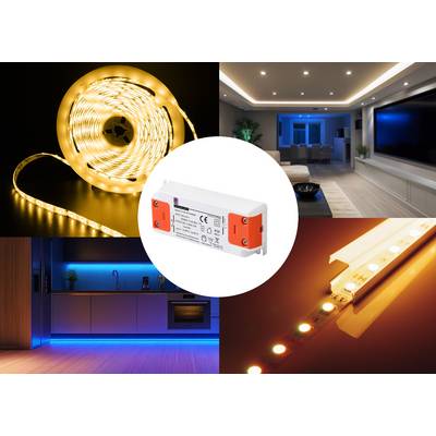Ein Collagebild von LED-Lichtstreifen, einem LED-Treiber und beleuchteten Wohnbereichen in warmem Weiß und Blau.