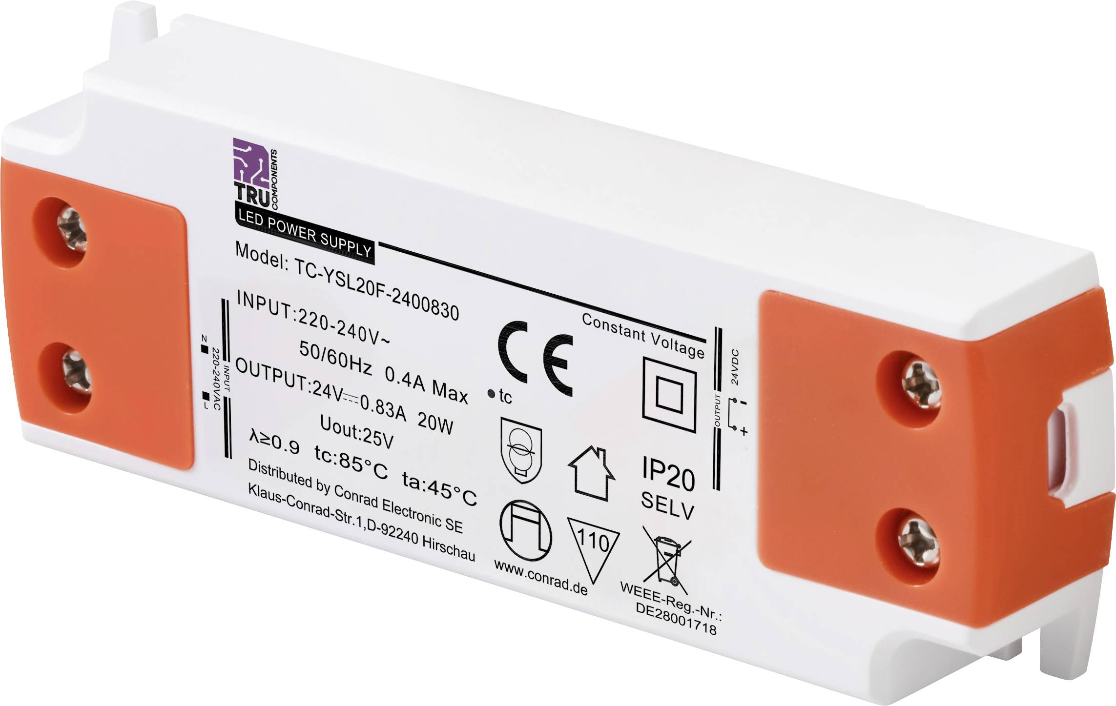 TRU COMPONENTS TC-YSL20F-2400830 LED-Trafo Konstantspannung 20 W 0.83 A 24 V/DC Möbelzulassung, Überspannung, Montage au...