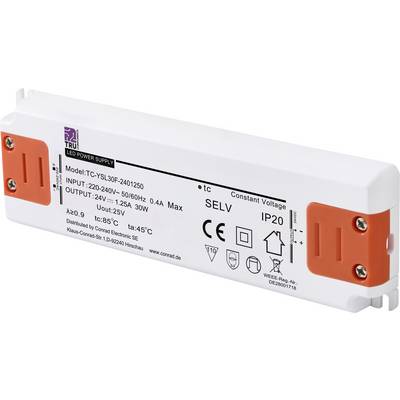 Netzteil für LED-Beleuchtung, Modell TC-YSL30F-2401250. Eingang: 220-240V, 0,4A; Ausgang: 24V, 1,25A, 30W. Schutzart IP20.