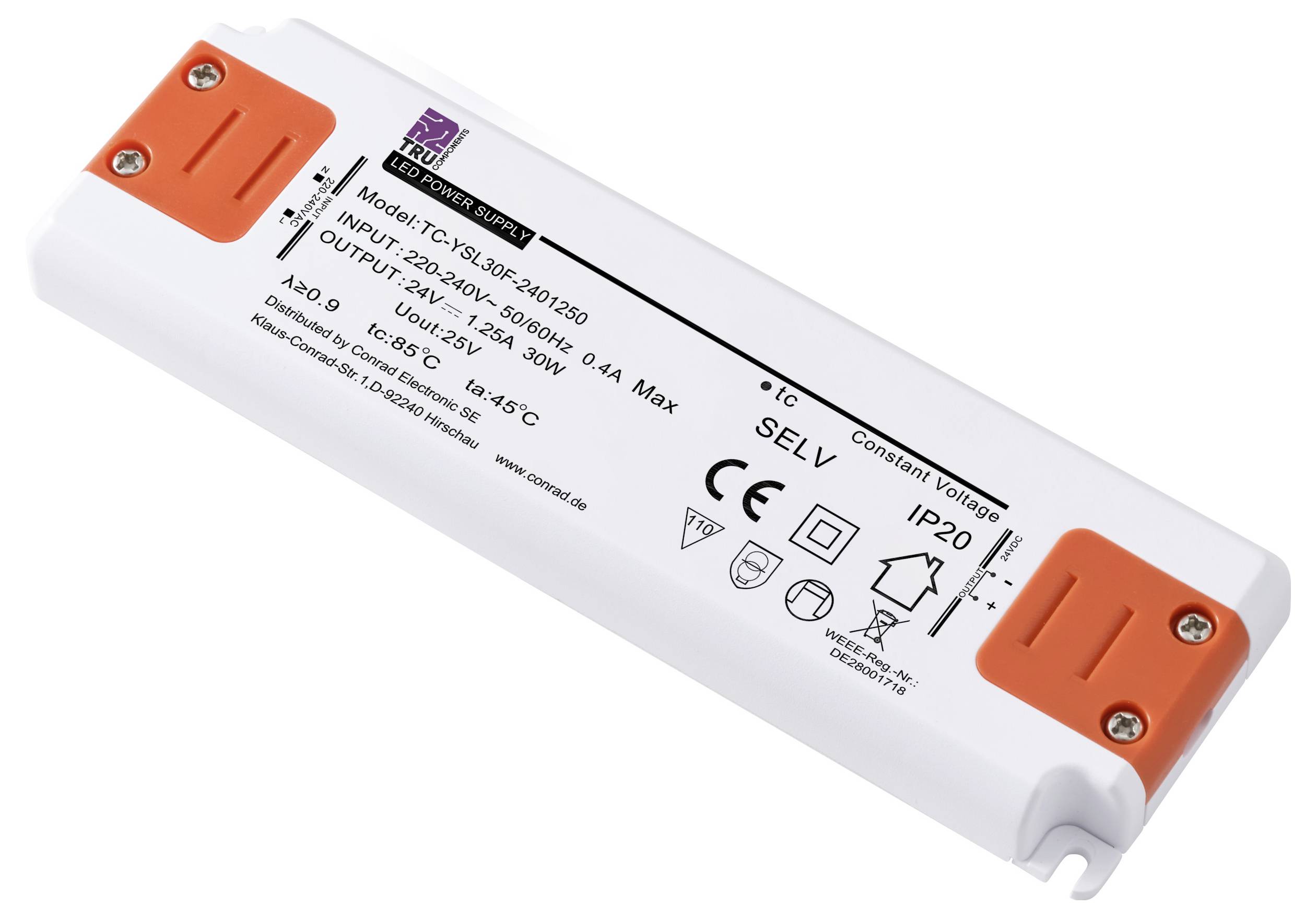 Ein rechteckiges, weißes LED-Netzteil mit orangefarbenen Enden. Aufdrucken sind technische Spezifikationen und Symbole für Sicherheit und Zertifizierungen.