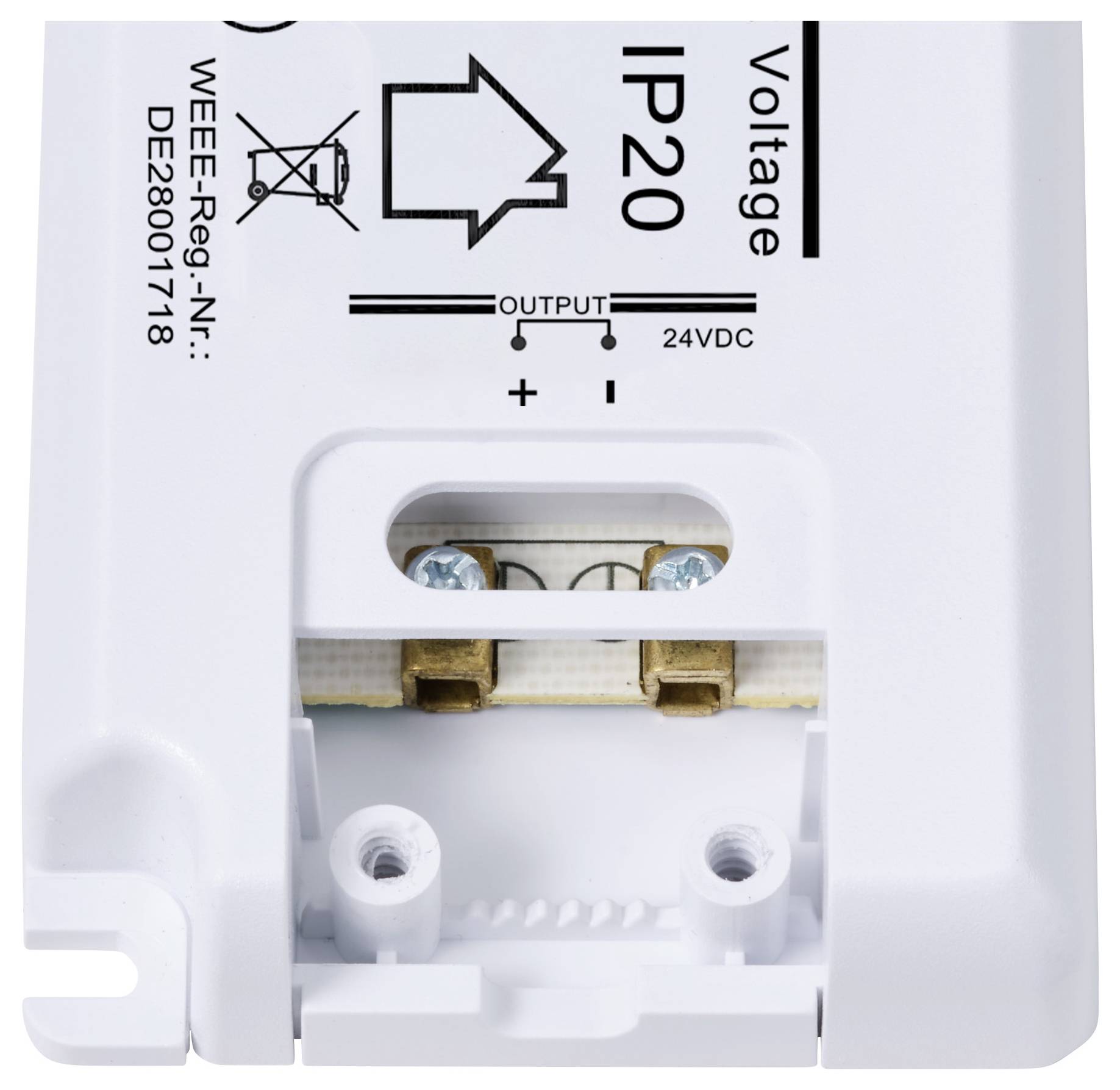 Elektrisches Bauteil mit Beschriftung 'Voltage IP20' und Anschlussklemmen für 24V DC. Geeignet für Montage auf elektrische Geräte.