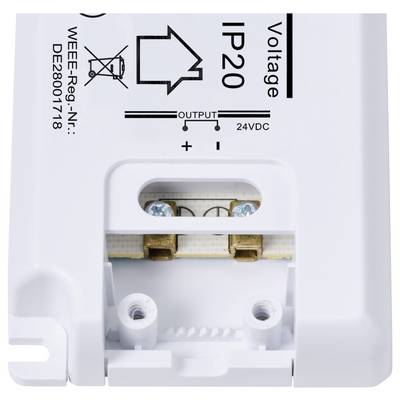 Elektrisches Bauteil mit Beschriftung 'Voltage IP20' und Anschlussklemmen für 24V DC. Geeignet für Montage auf elektrische Geräte.