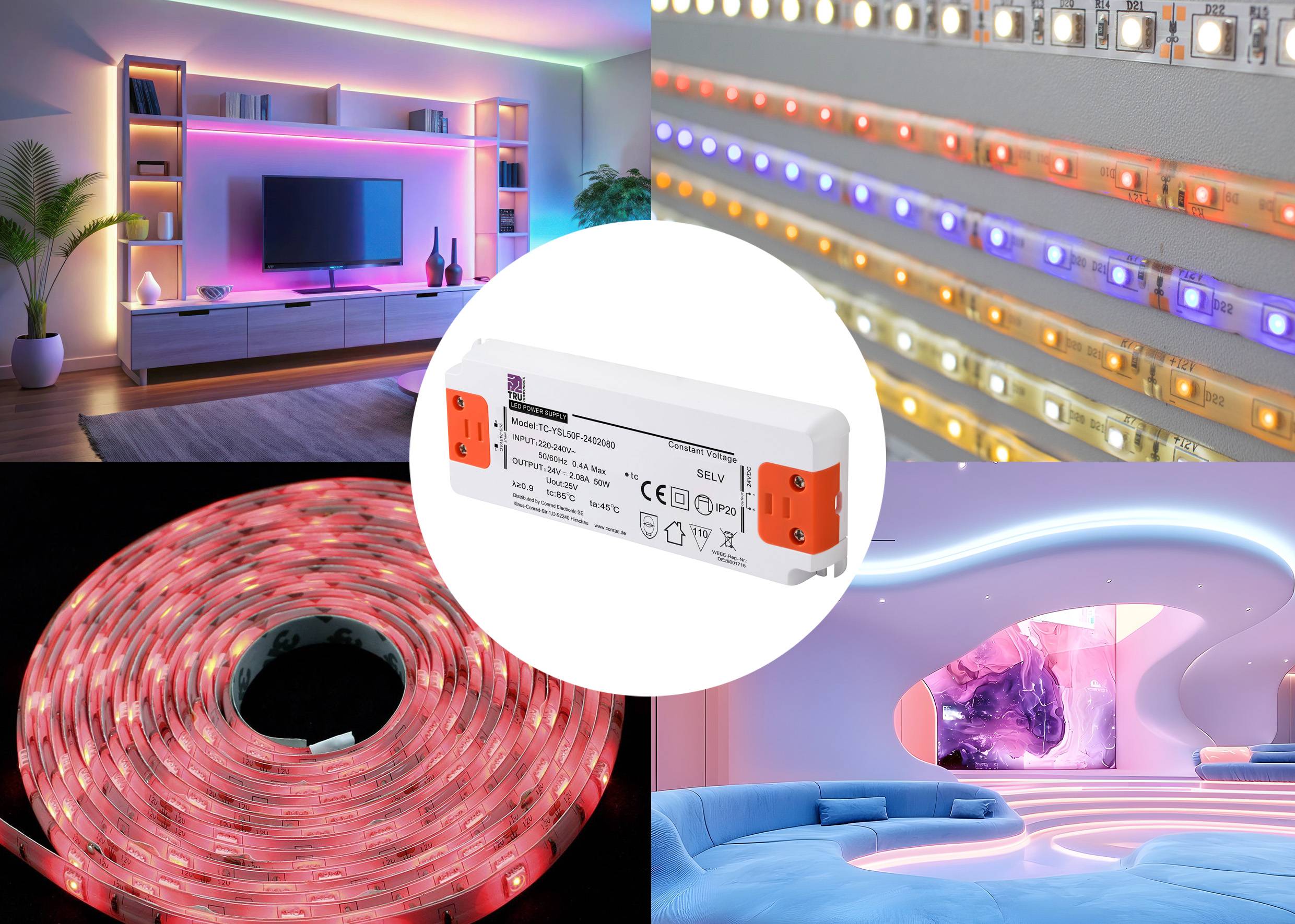 'Collage aus LED-Leuchtstreifen in Wohnzimmer, Nahaufnahme von bunten LEDs, LED-Rolle und futuristisch beleuchtetem Raum.'