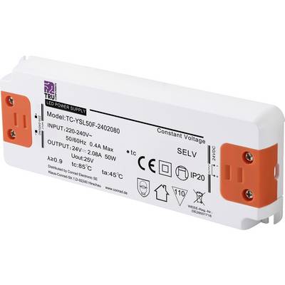 LED-Netzteil mit konstanter Spannung, Modell TC-YSL50F-2402080. Eingang: 220-240V, Ausgang: 24V, 2.08A, 50W. Geeignet für Innenbereich.