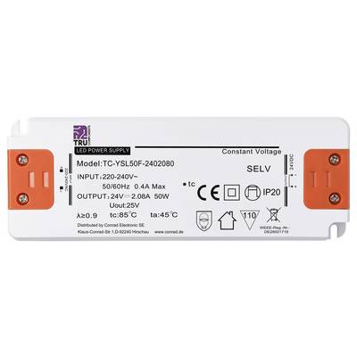 LED-Stromversorgungseinheit mit Modellnummer TC-YSL50F-2402080, Eingang 220-240V, Ausgang 24V, 2.08A, 50W, Schutzart IP20.
