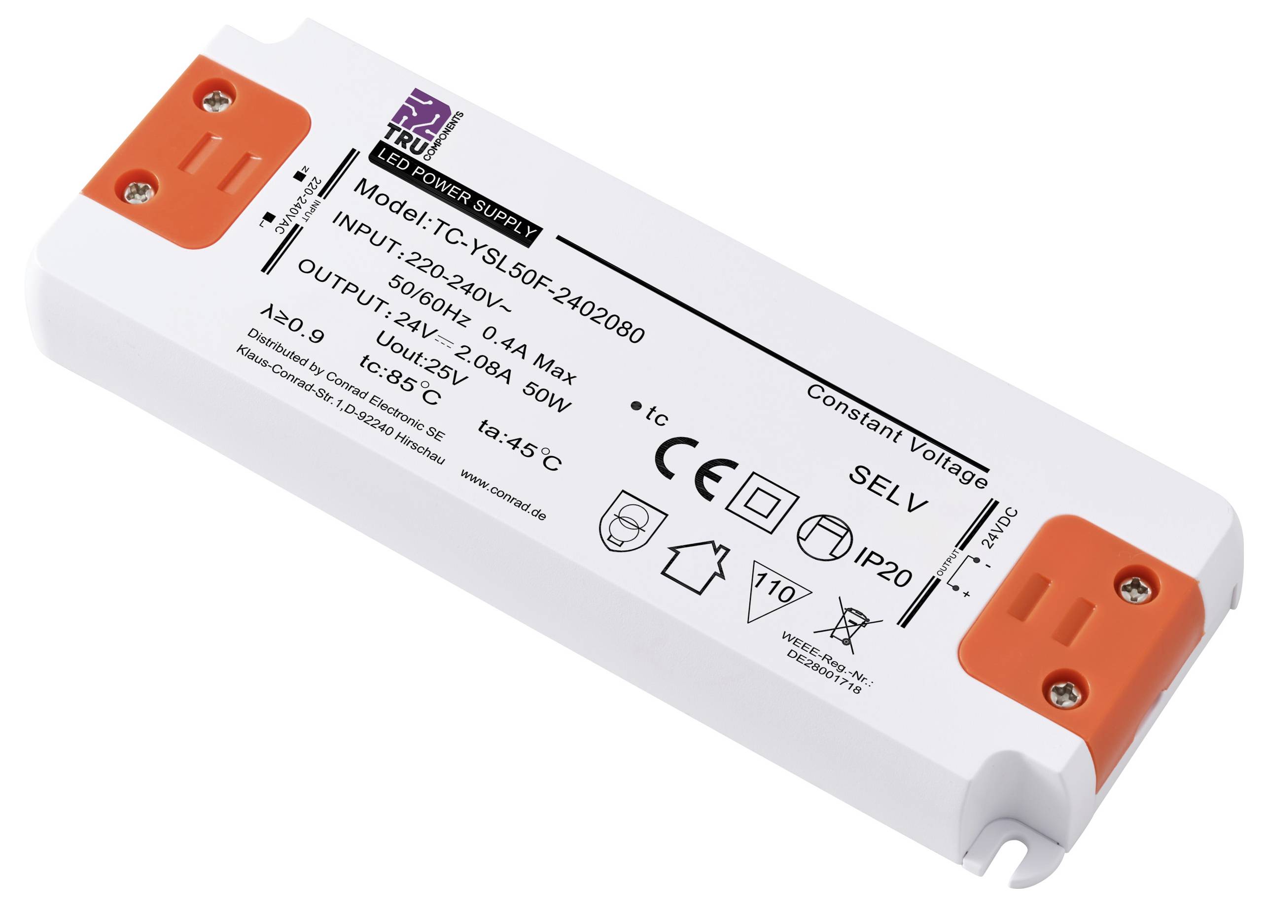 LED-Treiber in rechteckigem Gehäuse mit technischen Spezifikationen aufgedruckt, inklusive Eingangsspannung und Ausgangsleistung.