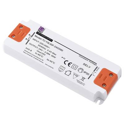 LED-Treiber in rechteckigem Gehäuse mit technischen Spezifikationen aufgedruckt, inklusive Eingangsspannung und Ausgangsleistung.