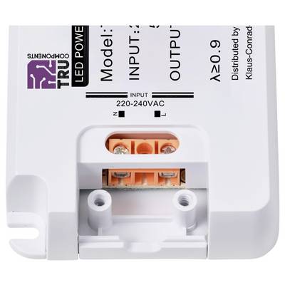 Ein weißes LED-Netzteil mit den Anschlüssen für Eingang und Ausgang. Oben links steht 'TRU Components'. Eignet sich für 220-240VAC.