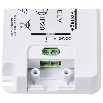 Ein elektronisches Gerät mit der Aufschrift '24VDC OUTPUT'. Es hat Anschlüsse und verschiedene technische Spezifikationen darauf.