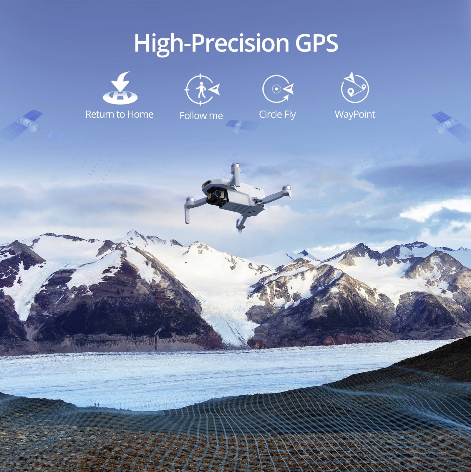 Eine Drohne fliegt über schneebedeckte Berge. Obenstehend das Wort 'High-Precision GPS' und Symbole zu 'Return to Home', 'Follow me', 'Circle Fly', 'WayPoint'.