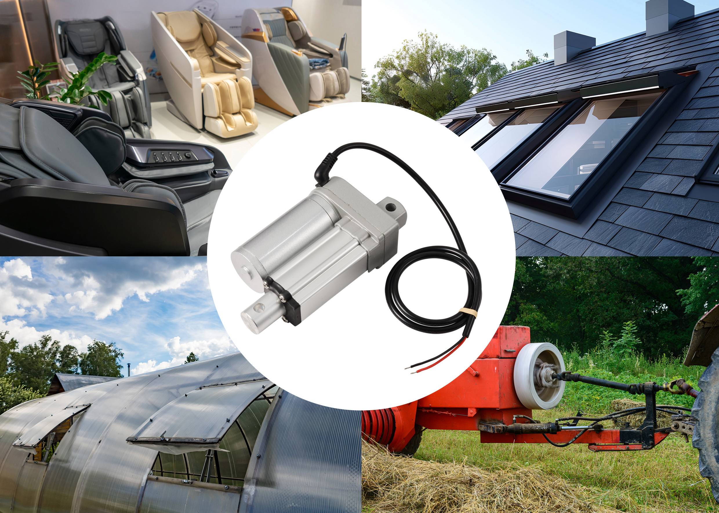 Ein Kollage-Bild zeigt einen Linearantrieb in der Mitte, umgeben von Anwendungen: Massagesessel, Dachfenster, Traktor und Gewächshaus.