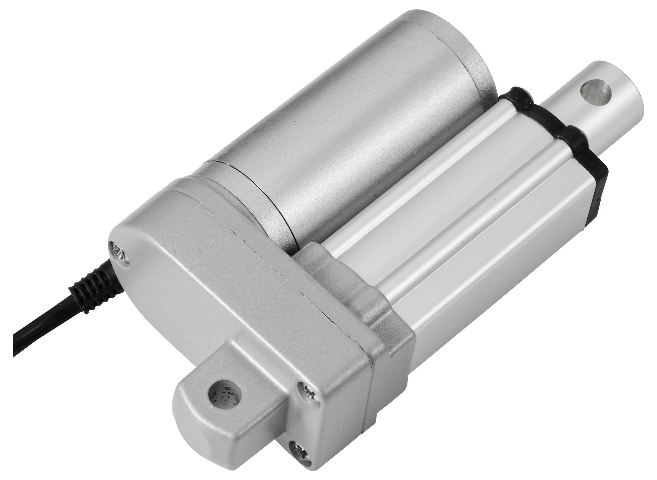 Ein kompakter, silberfarbener elektrischer Linearantrieb mit Verbindungskabel, verwendet für präzise Positionierungsanwendungen.