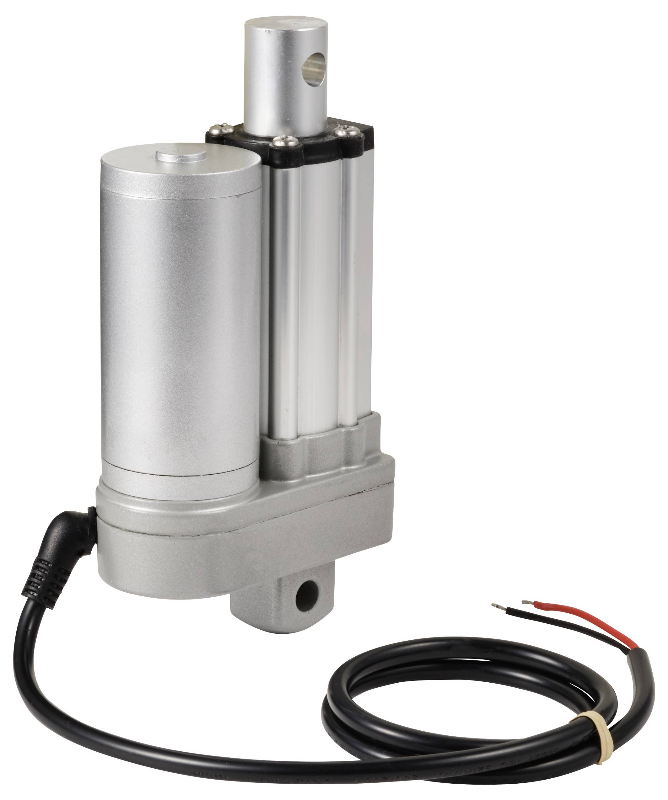 Ein elektrischer Stellantrieb in Silber mit schwarzem Kabel, geeignet für mechanische Bewegungen oder industrielle Anwendungen.
