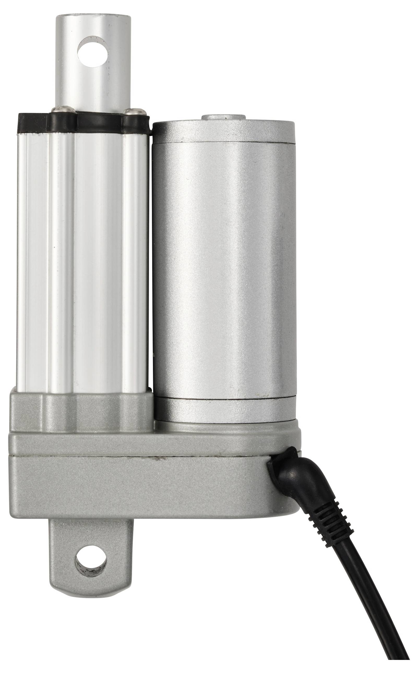 Silberner linearer Stellantrieb mit schwarzem Kabelanschluss, geeignet für industrielle Anwendungen oder Hebemechanismen.