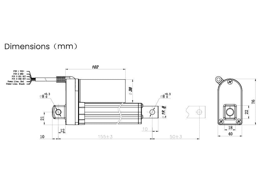 Technische Zeichnung eines Elektromotors mit Abmessungen in Millimetern. Details zum Aufbau, Kabelanschlüsse und Montagehinweise.