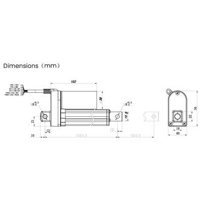 Technische Zeichnung eines Elektromotors mit Abmessungen in Millimetern. Details zum Aufbau, Kabelanschlüsse und Montagehinweise.
