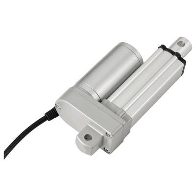 Ein silberner elektrischer Linearaktor mit Anschlusskabel; dient zur Umwandlung von rotatorischer in lineare Bewegung.