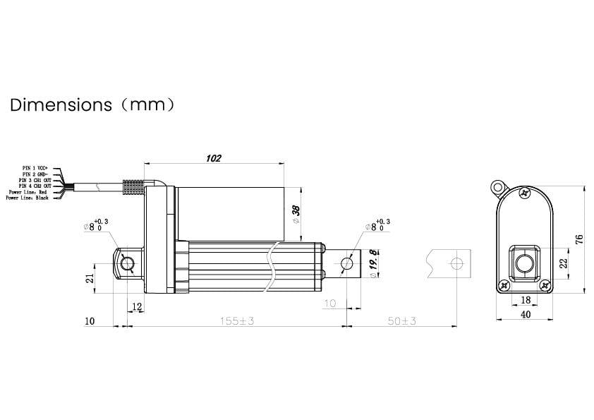 Technische Zeichnung eines Elektromotors mit den Maßen in Millimetern. Detaillierte Abmessungen und Anschlussdetails sind angegeben.